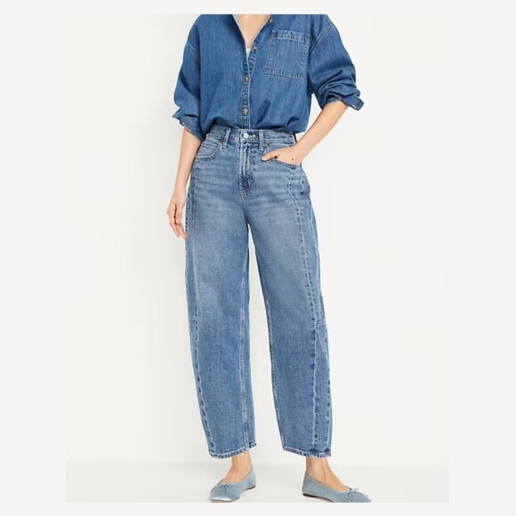 Old Navy Denim - OLD NAVY High-Rise Baggy Barrel Jeans 25" Ankle Loose Fit Balloon Blue Womens 14
